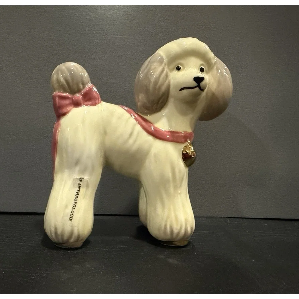 Anthropologie Ceramic Cream Poodle Dog Figurine Pink Bow Japan Novelty Decor